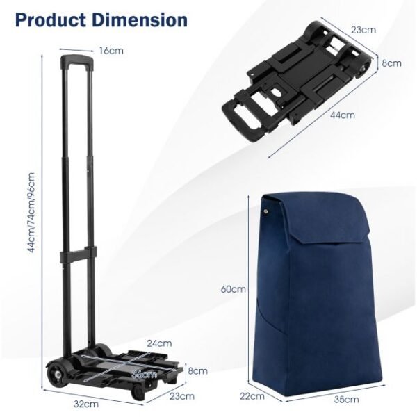 2 in 1 Foldable Shopping Trolley with Detachable Bag and Adjustable Height - Image 6