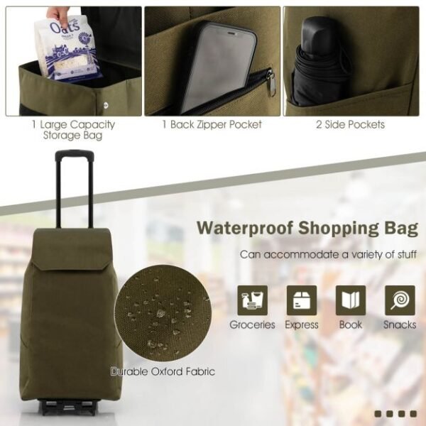 2 in 1 Foldable Shopping Trolley with Detachable Bag and Adjustable Height - Image 4