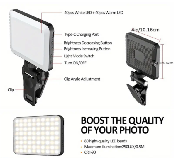 80 LED Adjustable Selfie Flash Light with Clip Rechargeable - Image 11