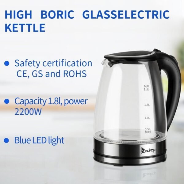 1.8L Electric Kettle Cordless Glass Jug with LED Light Fast Boil - Auto Shut Off - Image 2