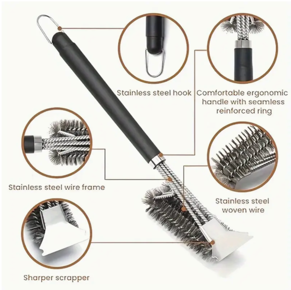 BBQ Cleaning Brush Grill Cleaner Barbecue Wire Heads Stainless Steel Handle Tool - Image 10