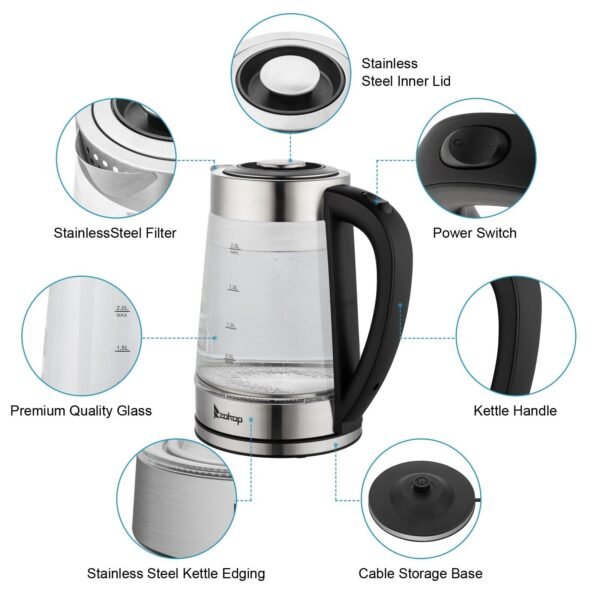 2L Cordless Electric Glass Kettle 2000W Blue LED Fast Boil Tea Water Jug UK - Image 5