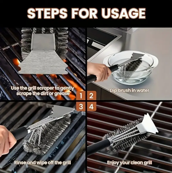 BBQ Cleaning Brush Grill Cleaner Barbecue Wire Heads Stainless Steel Handle Tool - Image 4