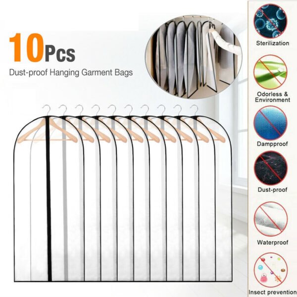 Pack of 10 - Translucent Garment Covers - Dustproof Zip Storage Bags for Dresses, Suits & Coats - Image 2