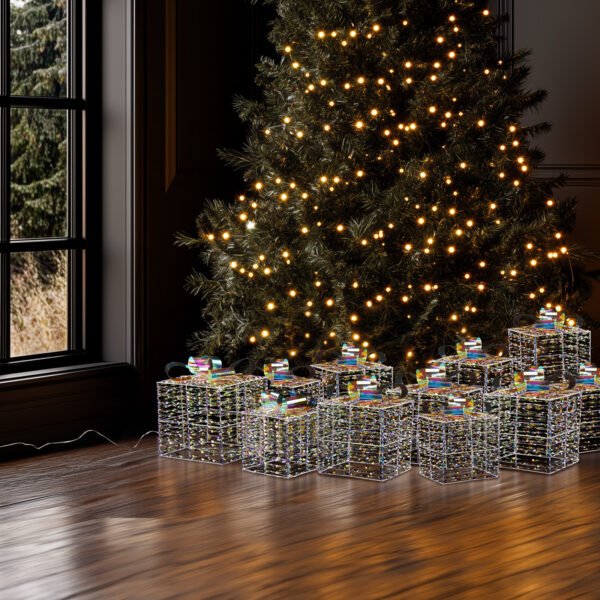 Pre-Lit Iridescent Gift Boxes (Set of 3) - 140 LED White Lights and Stakes for Indoor/Outdoor Christmas Decor - Image 5