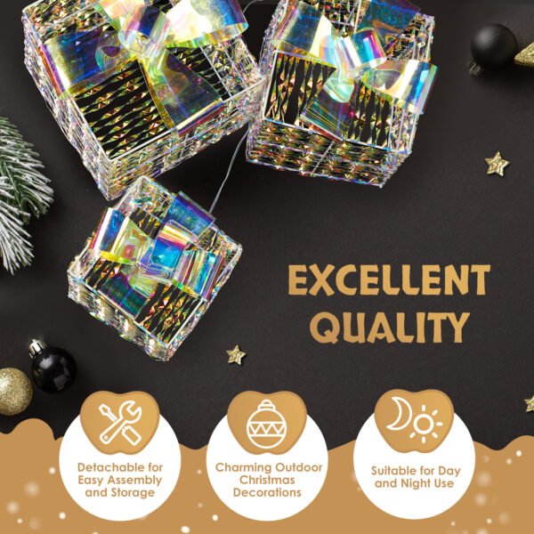 Pre-Lit Iridescent Gift Boxes (Set of 3) - 140 LED White Lights and Stakes for Indoor/Outdoor Christmas Decor - Image 7