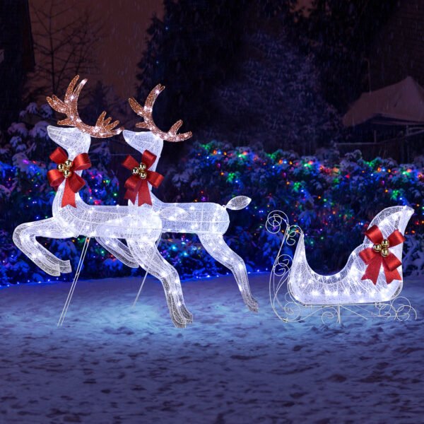 Christmas Reindeer & Sleigh 3-Piece Lighted Set - 270 LED White Lights, Weatherproof for Indoor/Outdoor Decor - Image 3