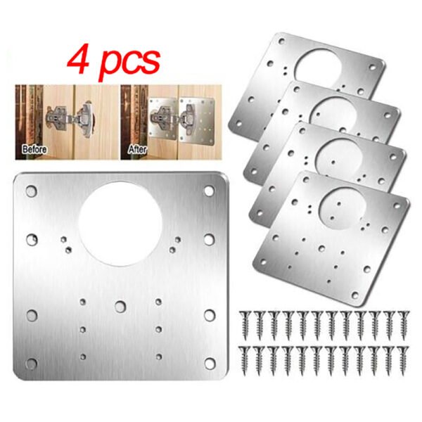 Pack of 4 - Kitchen Cupboard Hinge Repair Plates with Fixing Screws for Cabinets