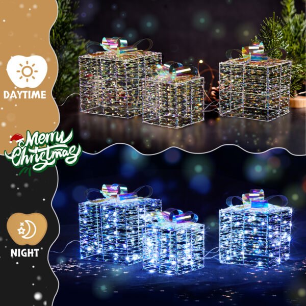 Pre-Lit Iridescent Gift Boxes (Set of 3) - 140 LED White Lights and Stakes for Indoor/Outdoor Christmas Decor