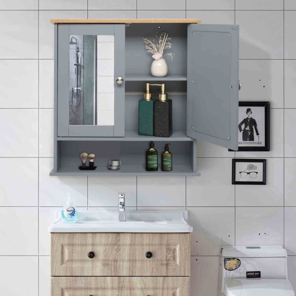 Grey Bathroom Wall Cabinet - 2 Mirror Doors & 1 Storage Layer, MDF Spray Painted