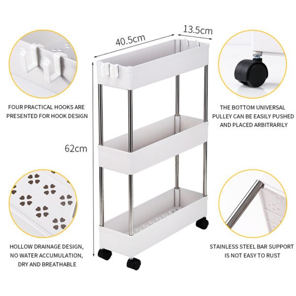 3-Layer Ultra-thin, Mobile Multi-Functional Slim Storage Cart White - Image 7