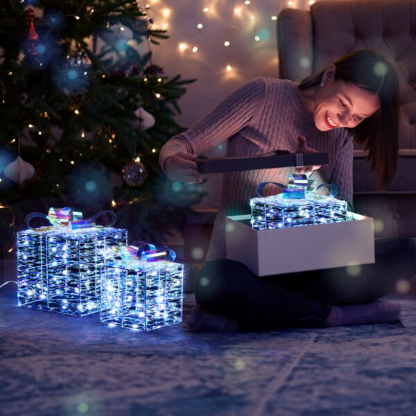 Pre-Lit Iridescent Gift Boxes (Set of 3) - 140 LED White Lights and Stakes for Indoor/Outdoor Christmas Decor - Image 4