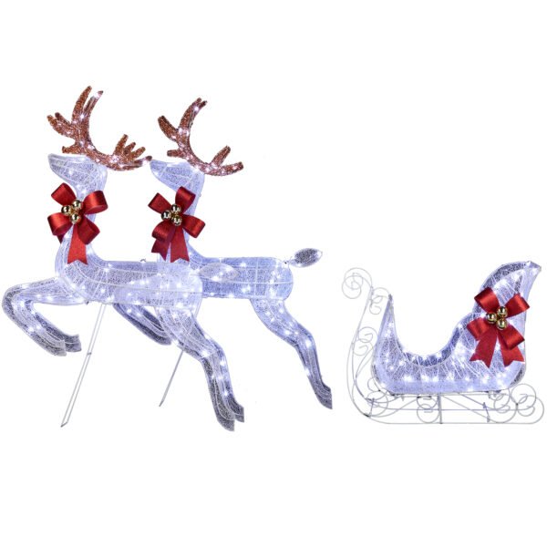 Christmas Reindeer & Sleigh 3-Piece Lighted Set - 270 LED White Lights, Weatherproof for Indoor/Outdoor Decor