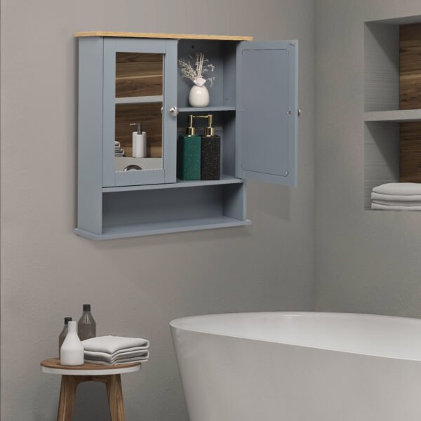 Grey Bathroom Wall Cabinet - 2 Mirror Doors & 1 Storage Layer, MDF Spray Painted - Image 4