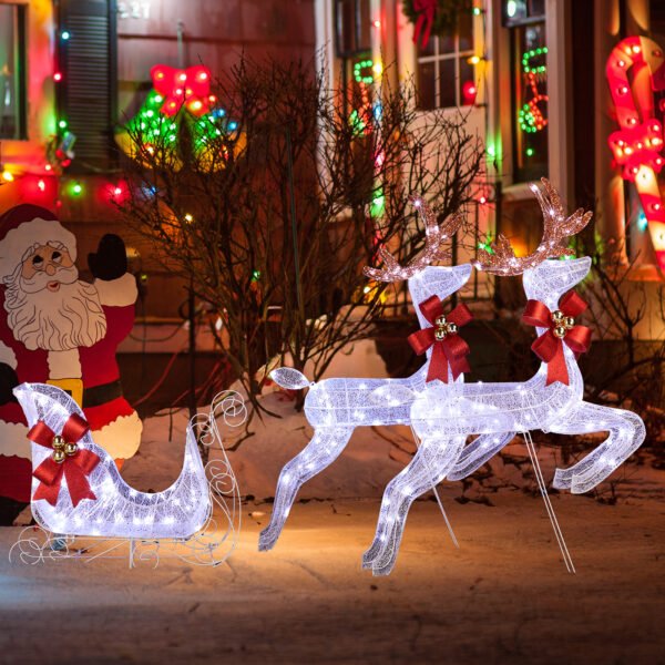 Christmas Reindeer & Sleigh 3-Piece Lighted Set - 270 LED White Lights, Weatherproof for Indoor/Outdoor Decor - Image 2