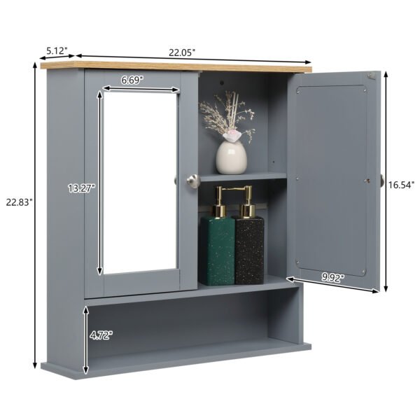 Grey Bathroom Wall Cabinet - 2 Mirror Doors & 1 Storage Layer, MDF Spray Painted - Image 5