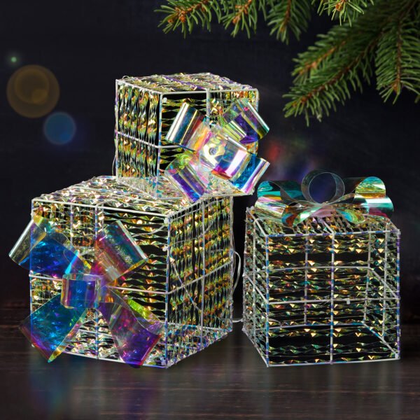 Pre-Lit Iridescent Gift Boxes (Set of 3) - 140 LED White Lights and Stakes for Indoor/Outdoor Christmas Decor - Image 6