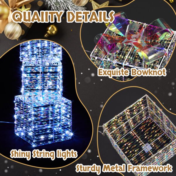 Pre-Lit Iridescent Gift Boxes (Set of 3) - 140 LED White Lights and Stakes for Indoor/Outdoor Christmas Decor - Image 8