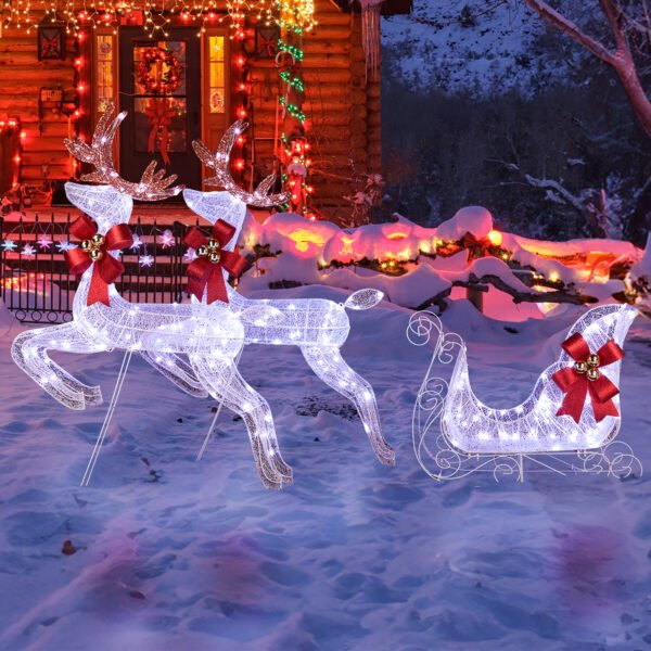 Christmas Reindeer & Sleigh 3-Piece Lighted Set - 270 LED White Lights, Weatherproof for Indoor/Outdoor Decor - Image 6