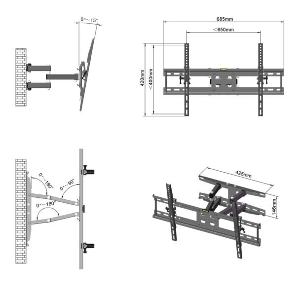 32"-70" 110Lbs VESA 600*400 Full Motion TV Wall Mount Tilt Range 0-15° TMDS-204 - Image 12