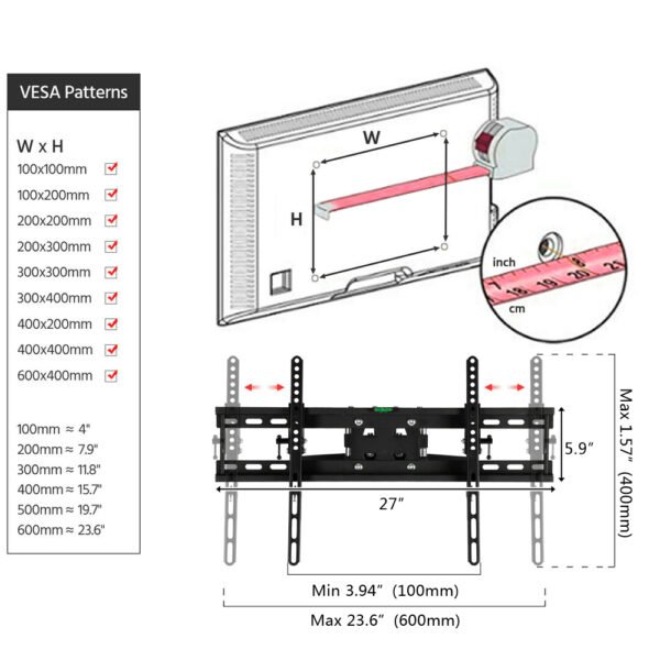 32"-70" 110Lbs VESA 600*400 Full Motion TV Wall Mount Tilt Range 0-15° TMDS-204 - Image 13