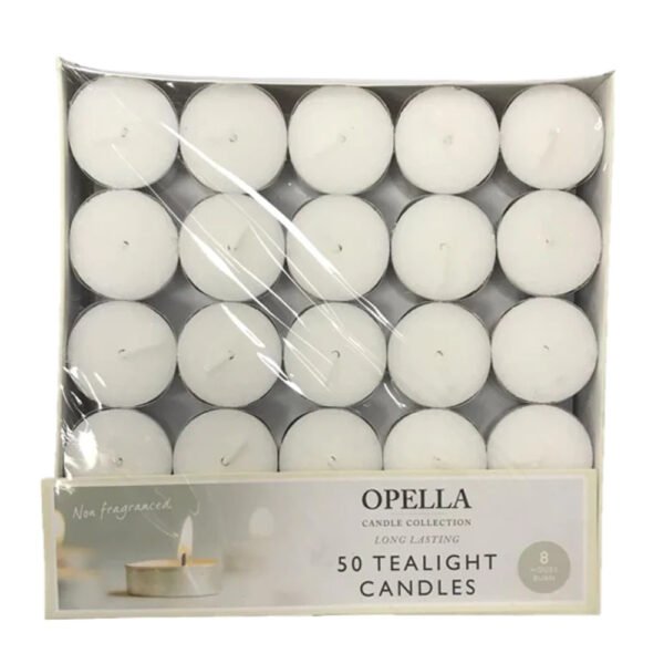 Pack of 50 Non-Fragranced White Tealight Candles for Home Decor