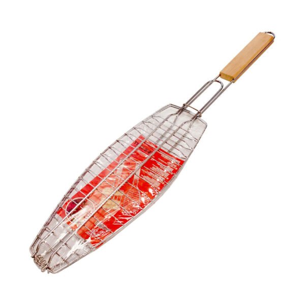 Metal Fish Grilling Basket for BBQ - 35cm Roasting Rack with Wooden Handle