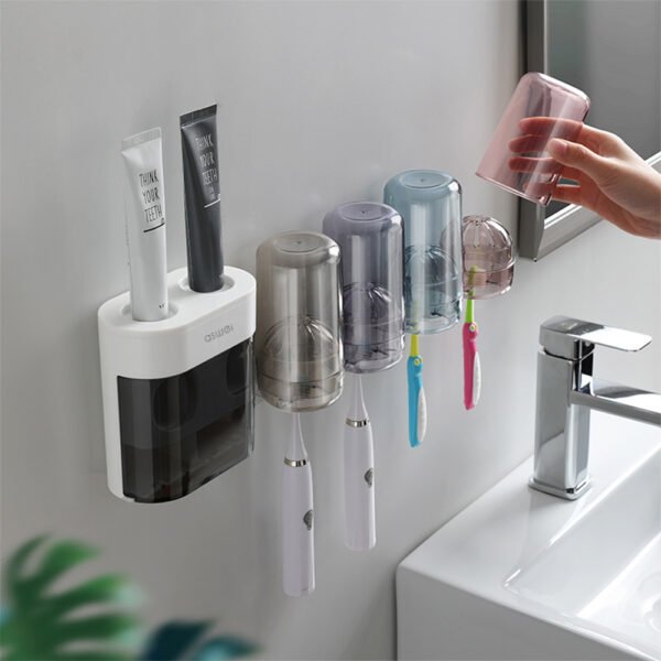 Wall-Mounted Toothbrush Holder with Double Toothpaste Dispenser and Wall Sticker - Image 3