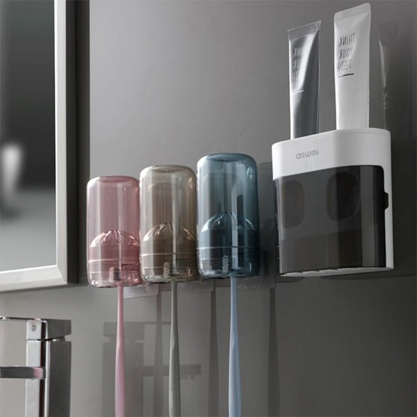 Wall-Mounted Toothbrush Holder with Double Toothpaste Dispenser and Wall Sticker - Image 4