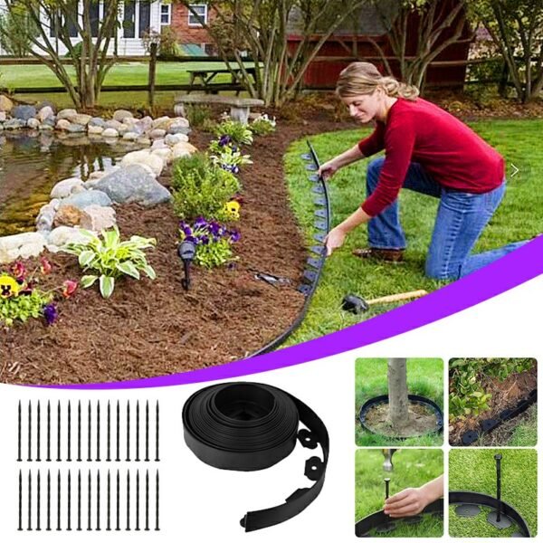 10 Metre Garden Border Edging, Flexible Lawn Path Border with Pegs - Black - Image 8