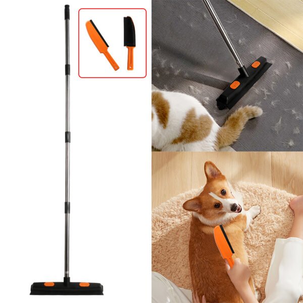 Rubber Broom with Squeegee for Pet Hair Removal, Carpet Rake - Black & Orange