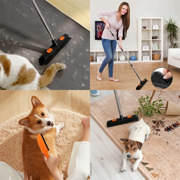 Rubber Broom with Squeegee for Pet Hair Removal, Carpet Rake - Black & Orange - Image 11