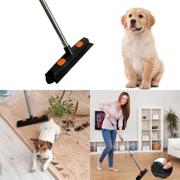 Rubber Broom with Squeegee for Pet Hair Removal, Carpet Rake - Black & Orange - Image 14