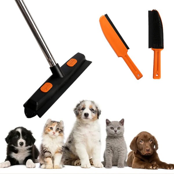 Rubber Broom with Squeegee for Pet Hair Removal, Carpet Rake - Black & Orange - Image 2