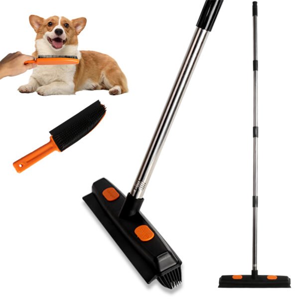 Rubber Broom with Squeegee for Pet Hair Removal, Carpet Rake - Black & Orange - Image 3