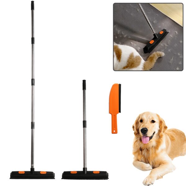 Rubber Broom with Squeegee for Pet Hair Removal, Carpet Rake - Black & Orange - Image 4