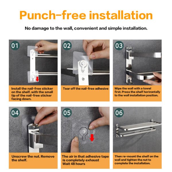 Foldable Double Towel Rail Holder, Wall Mounted Stainless Steel Bathroom Rack Shelf - Image 10