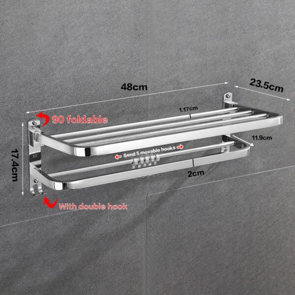 Foldable Double Towel Rail Holder, Wall Mounted Stainless Steel Bathroom Rack Shelf - Image 3