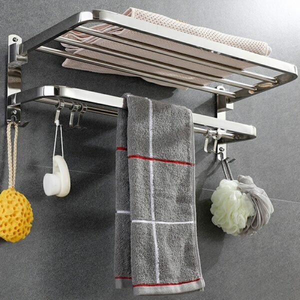 Foldable Double Towel Rail Holder, Wall Mounted Stainless Steel Bathroom Rack Shelf - Image 4