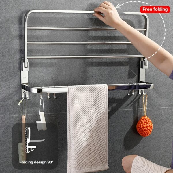Foldable Double Towel Rail Holder, Wall Mounted Stainless Steel Bathroom Rack Shelf - Image 6