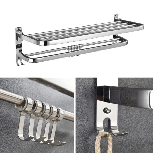 Foldable Double Towel Rail Holder, Wall Mounted Stainless Steel Bathroom Rack Shelf - Image 9